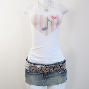 y2k music note heart graphic tank white ribbed baby tee size S